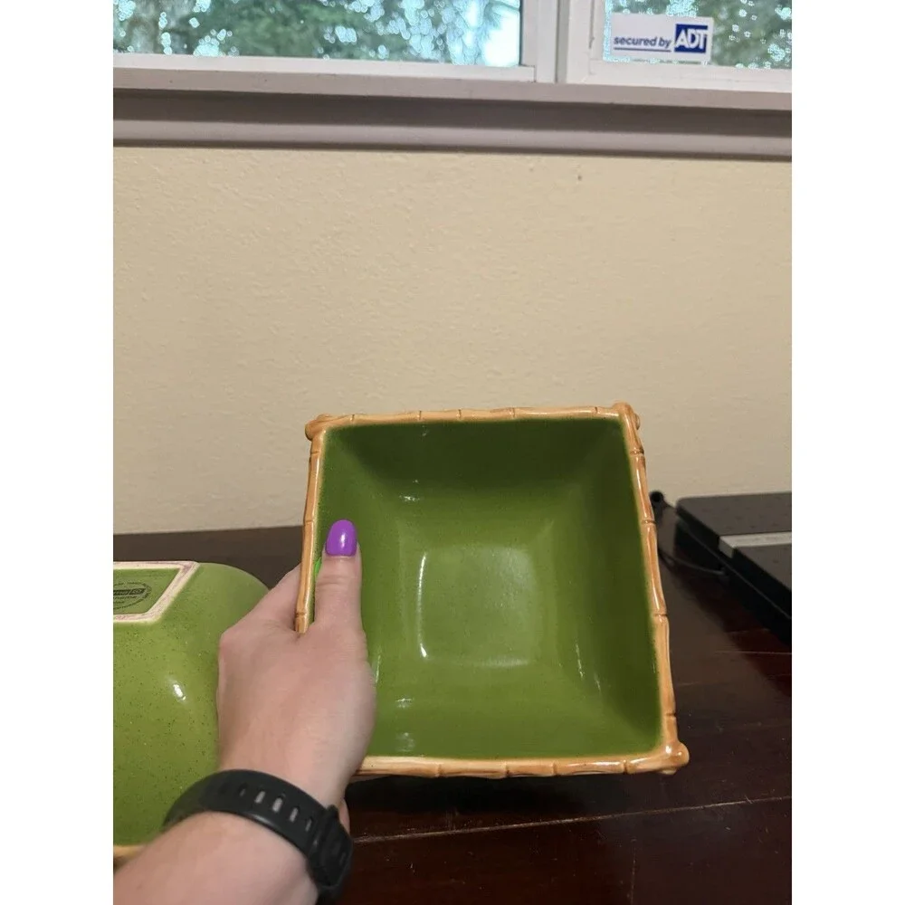Ipanema Ceramic Bowls Green With Bamboo Trim Set Of 2